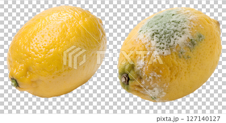 Healthy fresh and moldy rotten lemons isolated, food spoilage concept, comparison of decay 127140127