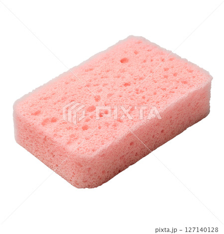 Pink rectangular cleaning sponge isolated, household item for washing dishes and surfaces, soft and absorbent 127140128