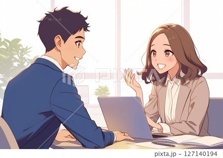 コーチング_男性部下に評価を話す女性管理職_イラスト3 127140194