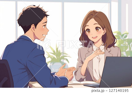 コーチング_男性部下に評価を話す女性管理職_イラスト4 127140195