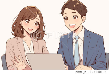 ミーティングするスーツのビジネスパーソン男女_イラスト2 127140196