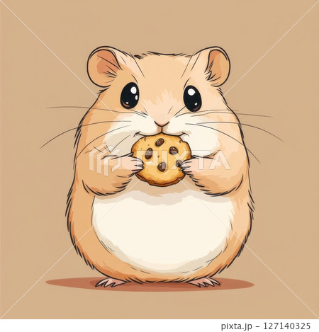 Cute hamster holds cookie in paws while sitting on a simple beige background, capturing a moment of delight and curiosity 127140325