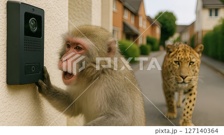 ヒョウが表に!?拍子抜けサル芝居 127140364