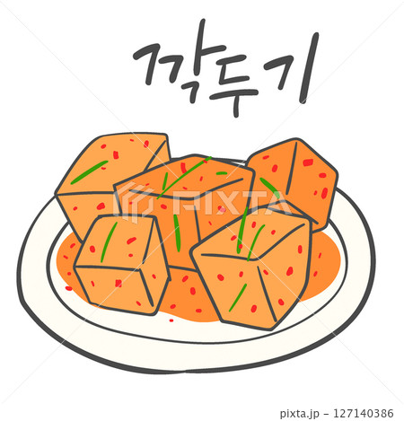 sliced radish kimchi(Kkakdugi) illustration and Korean calligraphy 127140386