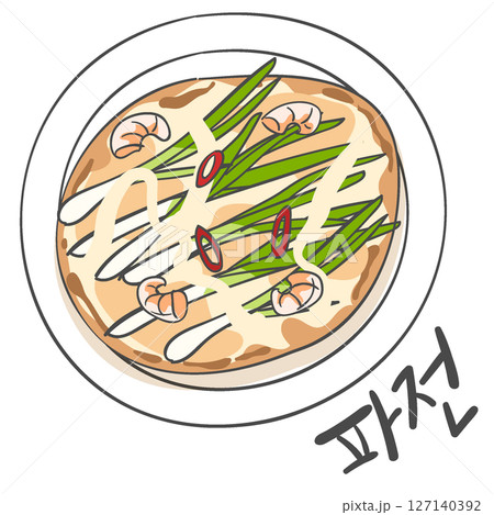 Korean food Pajeon(Welsh-onion pancake) illustration and Korean Calligraphy 127140392