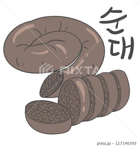 Street snack food Sundae(blood sausage with sticky rice) Illustration in Korea and Korean Calligraphy 127140393