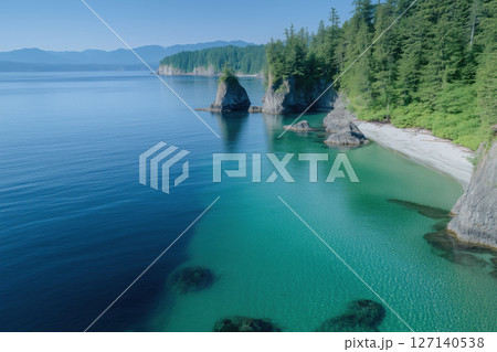 Aerial view of the seashore in the fog. Summer landscape. 127140538