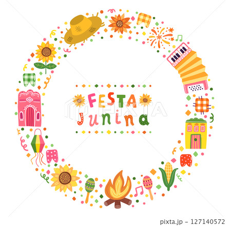 Festa Junina vector circle frame, border with accordion, sunflower, straw hat and festive Brazilian illustrations 127140572