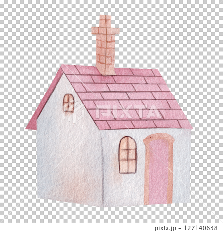 Cute little house with red tiled roof, wooden window and stove pipe. Watercolor illustration. Hand painted in rustic style on a white background. Perfect for home decor, greeting cards Cute little house with red tiled roof, wooden window and stove pipe. Watercolor illustration. Hand painted in rustic style on a white background. Perfect for home decor, greeting cards 127140638
