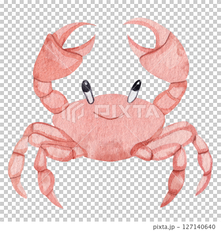 Watercolor illustration of a cute red crab with eyes and a smile in a playful, childlike style on a white background. Perfect for children's room decor, baby products and ocean-themed designs. Watercolor illustration of a cute red crab with eyes and a smile in a playful, childlike style on a white background. Perfect for children's room decor, baby products and ocean-themed designs. 127140640