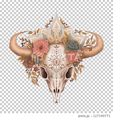 Longhorn bull skull boho design with aesthetic floral mandala. Green and beige vintage drawing in western bohemian style. Great for fashion print tattoo wedding graphic decor and ethnic ornament. 127140771