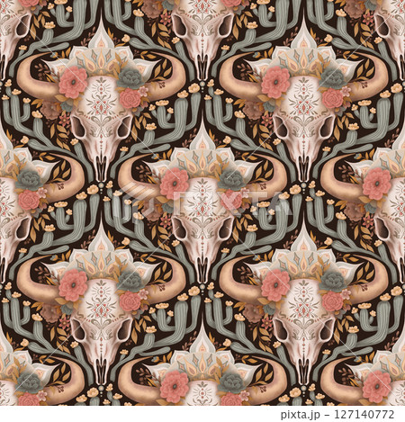 Bull skull seamless pattern with flower art and boho mandala design. Muted green and beige on the black background in western style. Perfect for wallpaper textile fabric fashion and ethnic ornament. 127140772