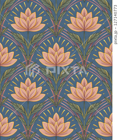 Lotus flower seamless pattern on a textured blue background in art deco style. Muted pink and green floral design. Ideal for elegant wallpaper textile fabric and modern decorative ornament concept. 127140773
