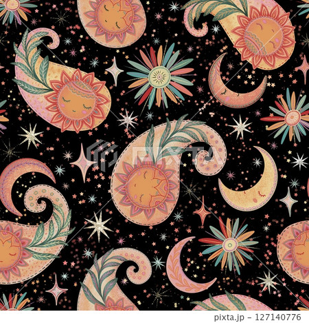 Celestial seamless pattern with dreaming sun and moon paisley in hand drawn style. Whimsical rainbow design perfect for baby nursery wallpaper or textile and cute night themed decorative concept. 127140776