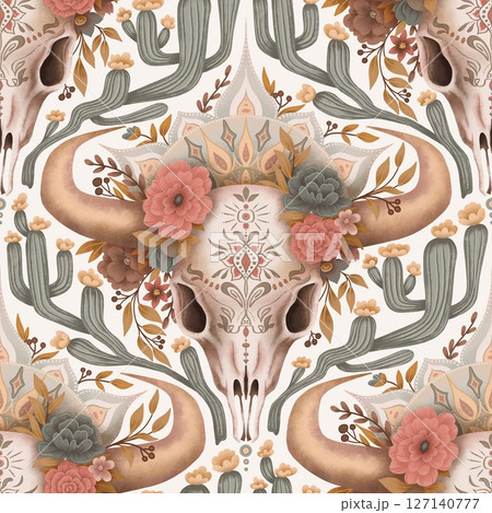Bull skull seamless pattern with flower art and boho mandala design. Muted green and beige on the white background in western style. Perfect for wallpaper textile fabric fashion and ethnic ornament. 127140777