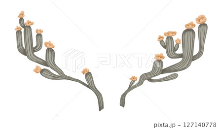 Cactus with flower illustration summer isolated nature design. Hand drawn green cactus with yellow floral in cartoon style. Perfect for wedding mexican card print decor and desert art concept. 127140778