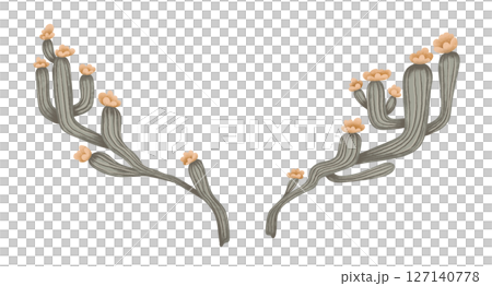 Cactus with flower illustration summer isolated nature design. Hand drawn green cactus with yellow floral in cartoon style. Perfect for wedding mexican card print decor and desert art concept. 127140778