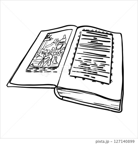 Black and white line drawing of an open book. Vector illustration of open book in sketch style. Hand-drawn vector design elements. Vintage literature in outline drawing. A book is with open pages Black and white line drawing of an open book. Vector illustration of open book in sketch style. Hand-drawn vector design elements. Vintage literature in outline drawing. A book is with open pages 127140899