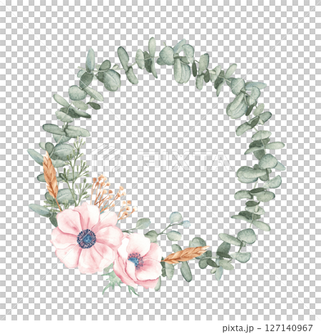 Watercolor Anemone and Eucalyptus branches wreath. Rustic greenery. Hand drawn botanical art isolated on white background. For stationery, invitations, save the date, wedding or greeting cards. 127140967
