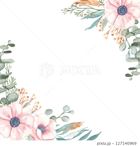 Anemone Corner square Frame with Eucalyptus Branches, Dry yellow Tansy and Spikelets of Wheat or Rye. Watercolor Hand drawn floral illustration isolated on a background. For greeting cards, wedding 127140969
