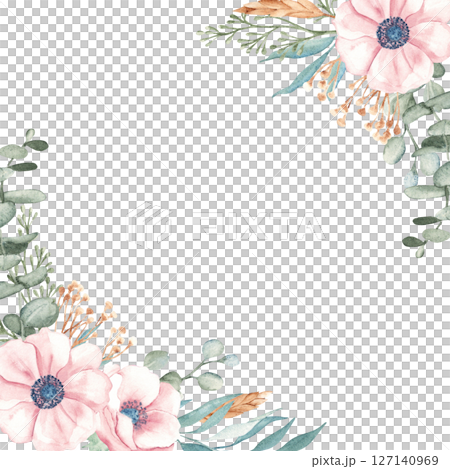 Anemone Corner square Frame with Eucalyptus Branches, Dry yellow Tansy and Spikelets of Wheat or Rye. Watercolor Hand drawn floral illustration isolated on a background. For greeting cards, wedding 127140969