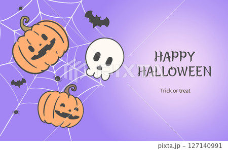 An illustration of a pumpkin and skeleton banner caught in a web on Halloween An illustration of a pumpkin and skeleton banner caught in a web on Halloween 127140991