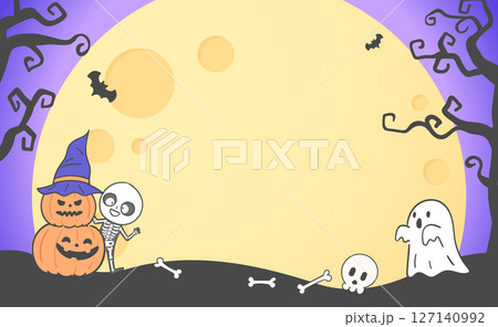 Halloween background illustration with a wooden silhouette, pumpkin, and ghost on a full moon night Halloween background illustration with a wooden silhouette, pumpkin, and ghost on a full moon night 127140992