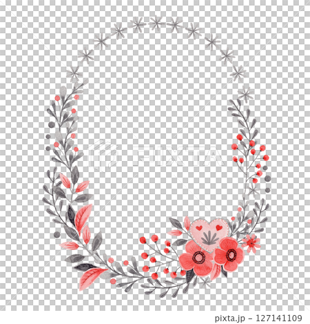Oval wreath with brunch and flower in folk style. Stylized illustration in red and gray colors for wedding invitation creating. Hand drawn composition is perfect for romantic and love card design. 127141109