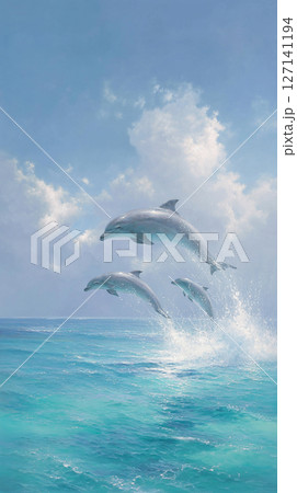 爽やかな海でジャンプするイルカたち 127141194