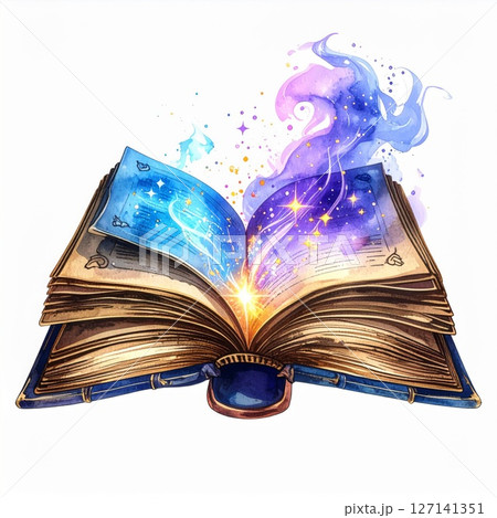 Open Magic Book with Glowing Cosmic Dust and Watercolor Smoke 127141351