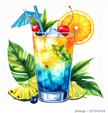Layered Tropical Cocktail with Blue and Orange Hues 127141431