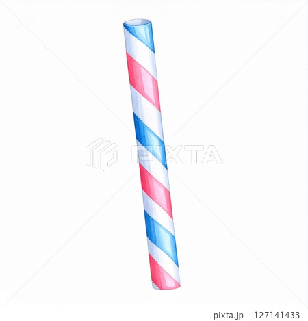 Watercolor Illustration of a Red and Blue Striped Paper Straw 127141433