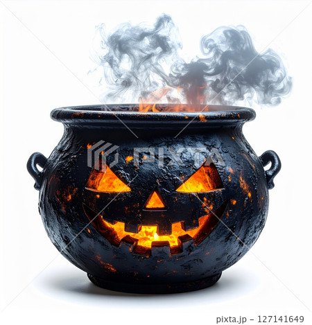 Glowing Jack-O-Lantern Cauldron with Smoke 127141649