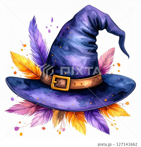 Purple Witch Hat with Colorful Feathers Watercolor Illustration 127141662