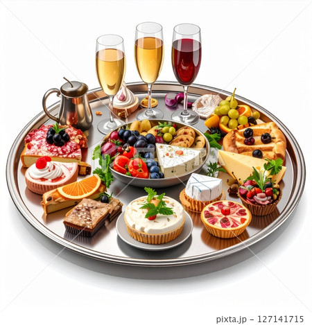 Assortment of Pastries Cakes Cheese and Fruit on Silver Platter with Wine 127141715