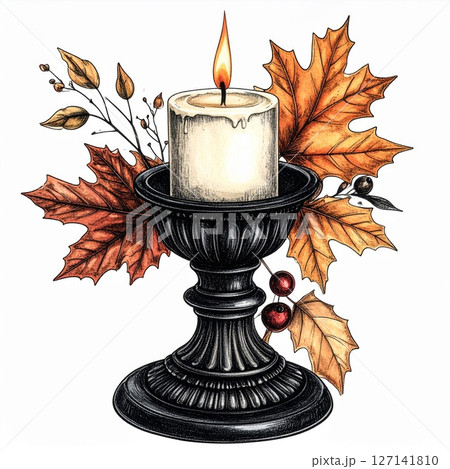 Autumnal Candle in Ornate Candlestick with Fall Leaves 127141810