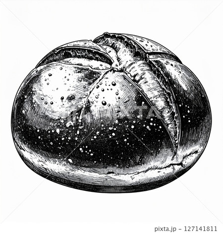 Black And White Illustration Of A Round Bread Roll 127141811