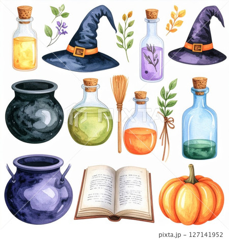 Watercolor Witchcraft Elements: Potions, Cauldron, and Book 127141952