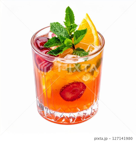 Refreshing Summer Cocktail with Orange, Cherry and Mint 127141980