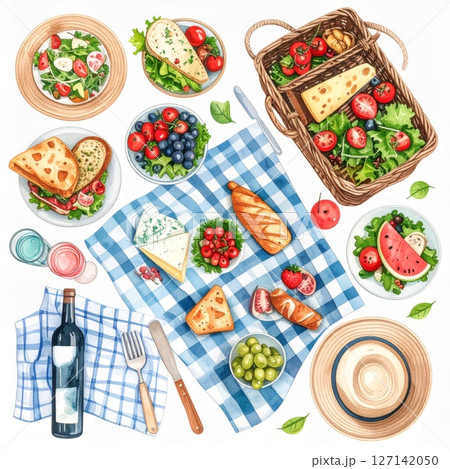 Summer Picnic Food Flatlay: Watercolor Illustration 127142050