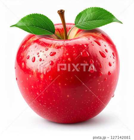 Red Apple with Green Leaves on White Background 127142081