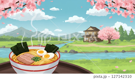 日本の春風景とラーメンの可愛いイラスト 127142310
