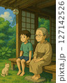 夏の縁側の孫とおばあちゃん 127142526