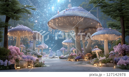 光のキノコと星空が織りなす異世界空間 光のキノコと星空が織りなす異世界空間 127142978
