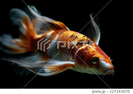 A single orange koi fish in dark clear water. A single orange koi fish in dark clear water. 127143070