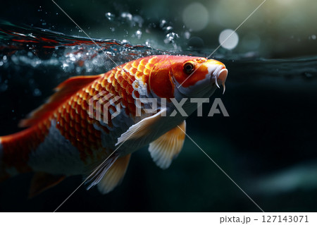 A vibrant red koi glides through deep blue water, its elegant fins trailing like silk in motion A vibrant red koi glides through deep blue water, its elegant fins trailing like silk in motion 127143071