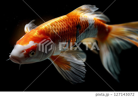 A single orange koi fish in dark clear water A single orange koi fish in dark clear water 127143072