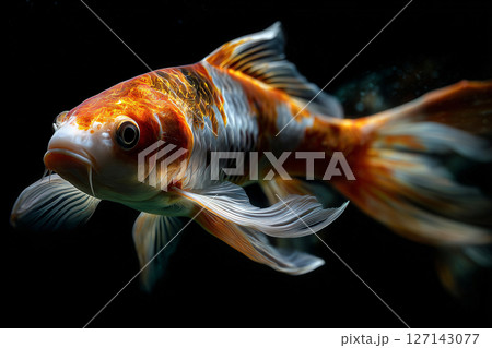 Close up of a orange color koi with copper hues floats calmly Close up of a orange color koi with copper hues floats calmly 127143077