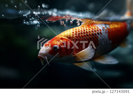 Bright red koi bursts forward, its energy captured mid-swim against a soft current Bright red koi bursts forward, its energy captured mid-swim against a soft current 127143091