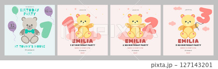 Invitation childrens birthday party cute bear and number set. Celebration First birthday. Greeting card template for children. Vector illustration. Invitation childrens birthday party cute bear and number set. Celebration First birthday. Greeting card template for children. Vector illustration. 127143201